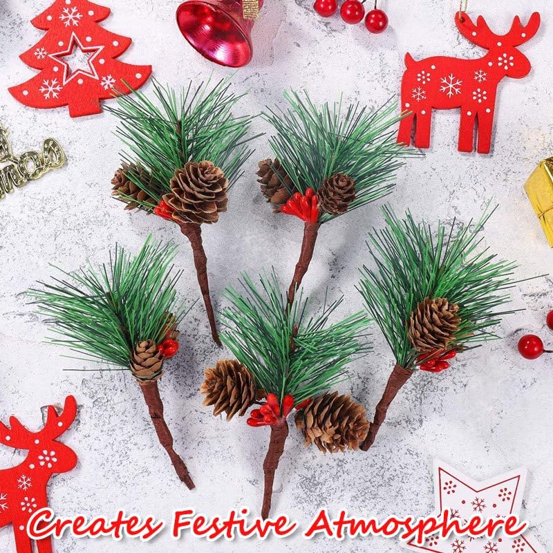 AKOAK 8 Pcs Mini Christmas Tree Picks, Artificial Pine Flower Branches with Berries for Holiday Decor, Gift Box Bouquet Wedding Party Home Decoration