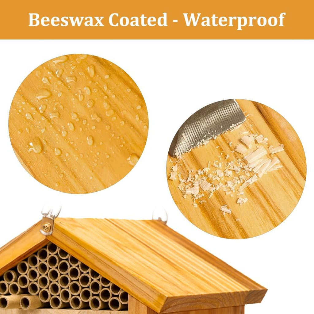 Mason Bee House -Wax Coated Mason House for The Garden,Natural Handmade Wooden Mason Home, Attracts Peaceful Bee