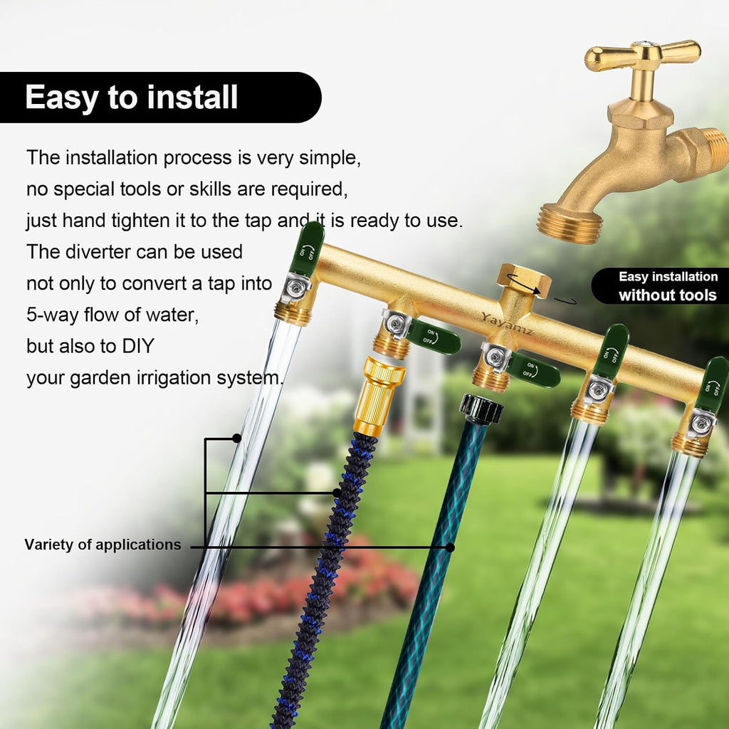 5 Way Garden Hose Splitter, 3/4" GHT Outdoor Water Spigot Splitter | Heavy Duty Solid Brass Body with Shut-off Valves &