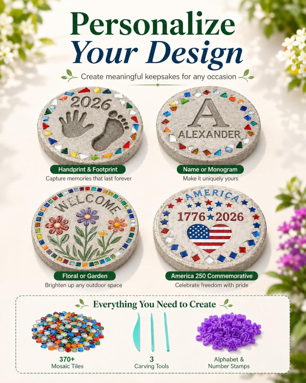 Spocwd 3 Sets 10in Stepping Stones Kit for Kids - Includes Concrete Molds, Mosaic Tiles, Letter Number Stamps & Carving