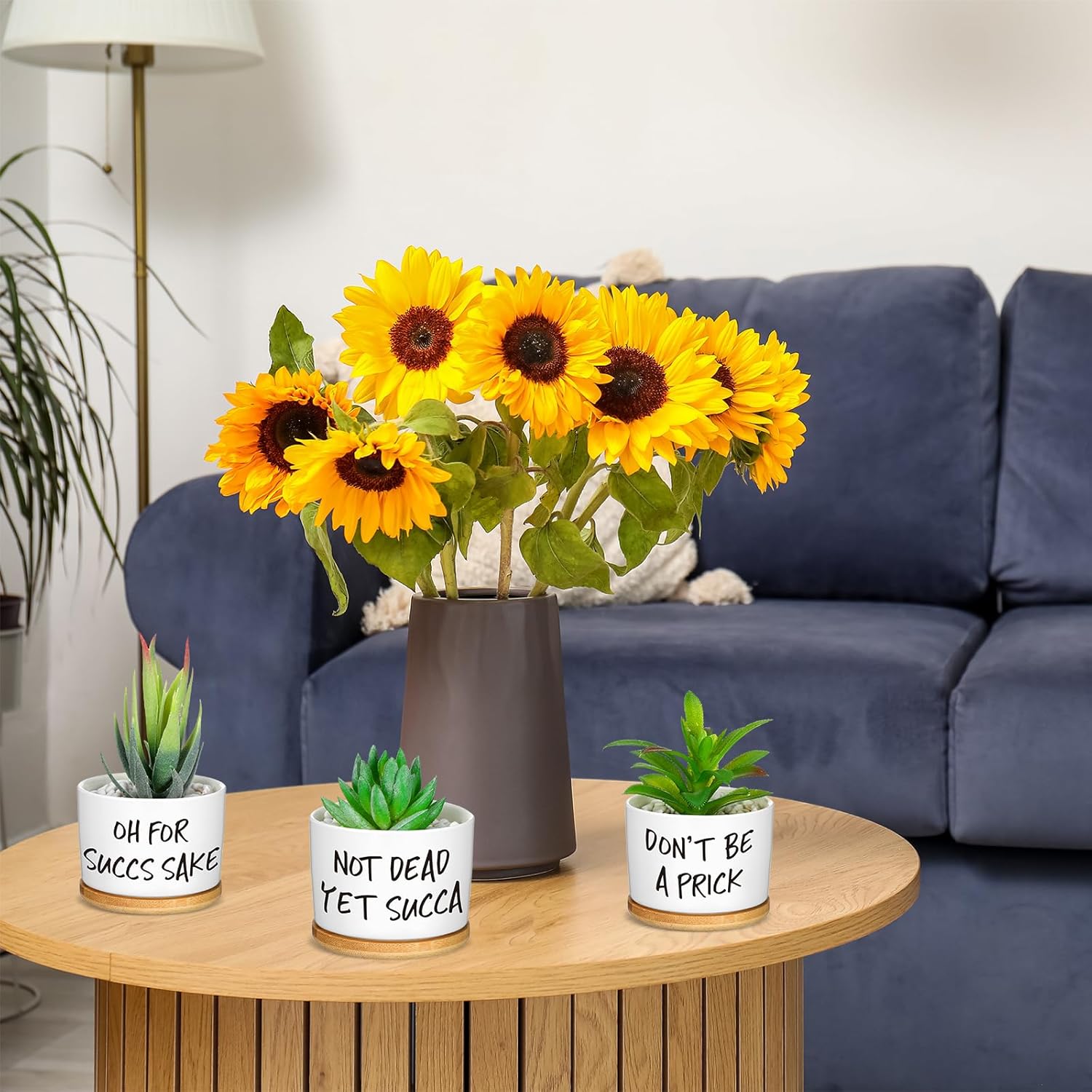 9 Pcs Funny Succulent Pots Ceramic Planters Bamboo Tray,Funny | Cute Aloe Cactus Planters with Drainage, White Mini