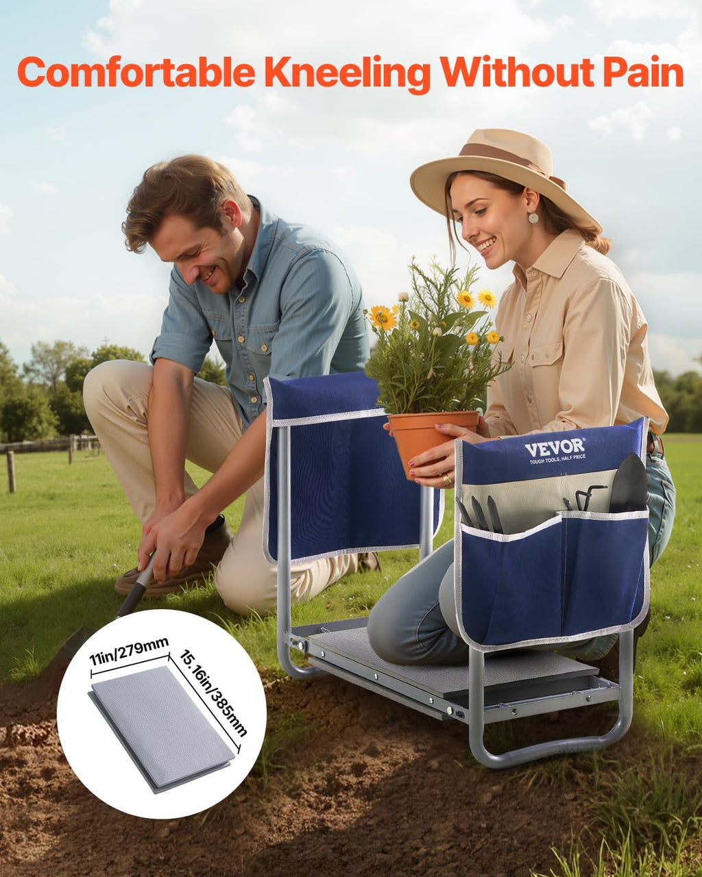 VEVOR Garden Kneeler and Seat Heavy Duty, Portable Garden Stool with 11'' EVA Kneeling Pad and 2 Tool Bags, Folding