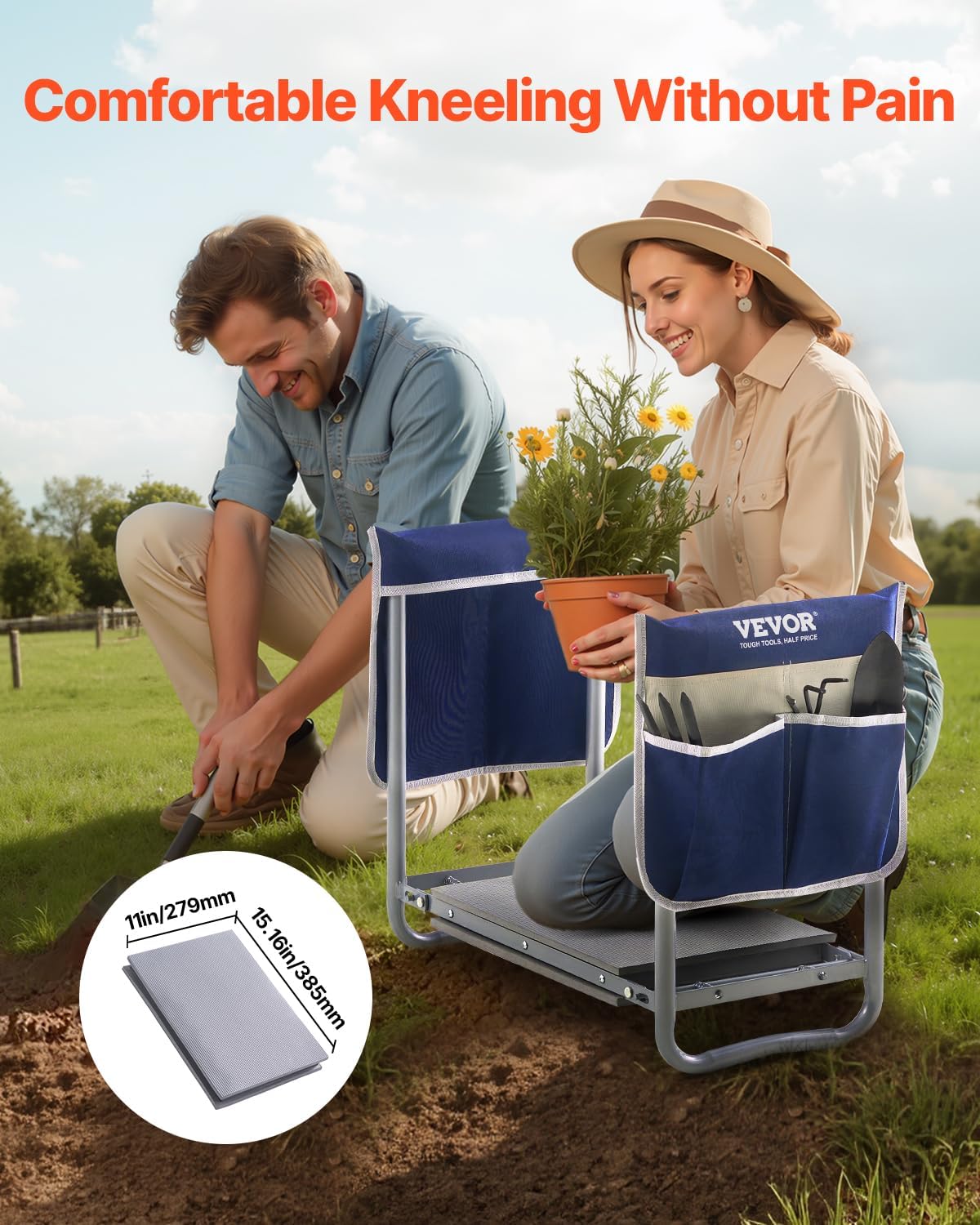 VEVOR Garden Kneeler and Seat Heavy Duty, Portable Garden Stool with 11'' EVA Kneeling Pad and 2 Tool Bags, Folding
