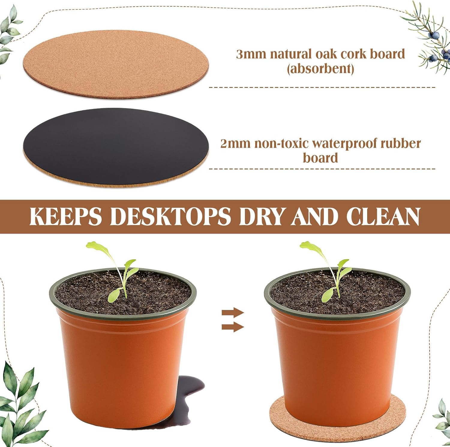 Gejoy 20 Pcs Cork Plant Coasters, Cork Plant Mats Absorbent Round Saucers Placemats for Indoors, Planters, House