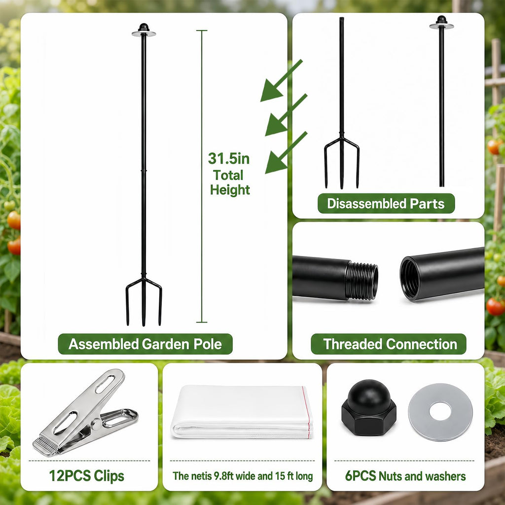9.8×15FT Garden Netting Covers Kit for Raised Beds, 6 Pack 2.6FT Garden Poles Support Stakes with Pest Barrier Plant