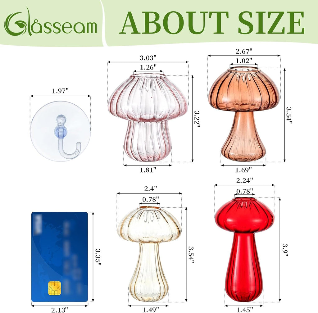 Glasseam Window Plant Propagation Station: 4Pcs Glass Hanging Mushroom Vase | With Suction Cup, Colorful, Cute