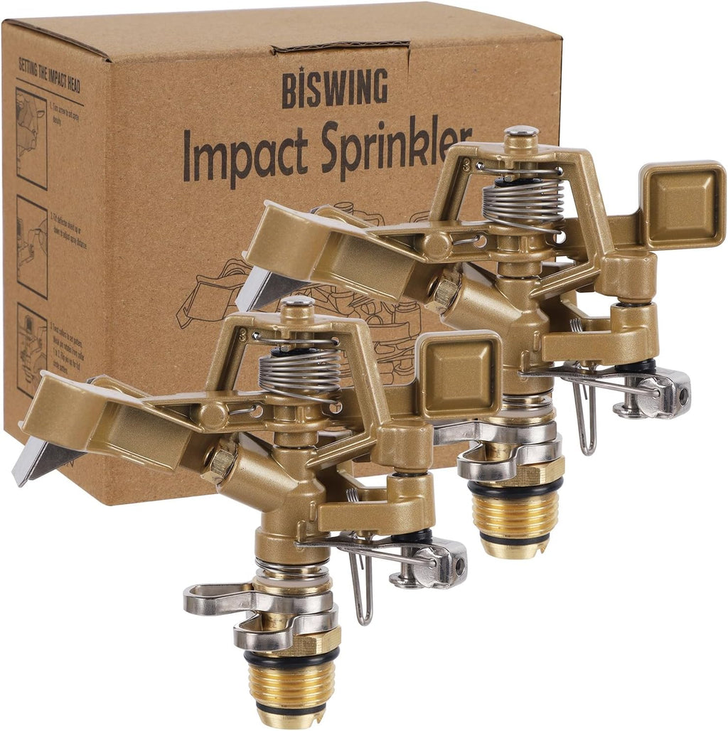 Biswing 1/2 Inch Impact Sprinkler 2 Pack, Heavy Duty Zinc Alloy Lawn Sprinkler Head with Nozzle, Adjustable 20-360