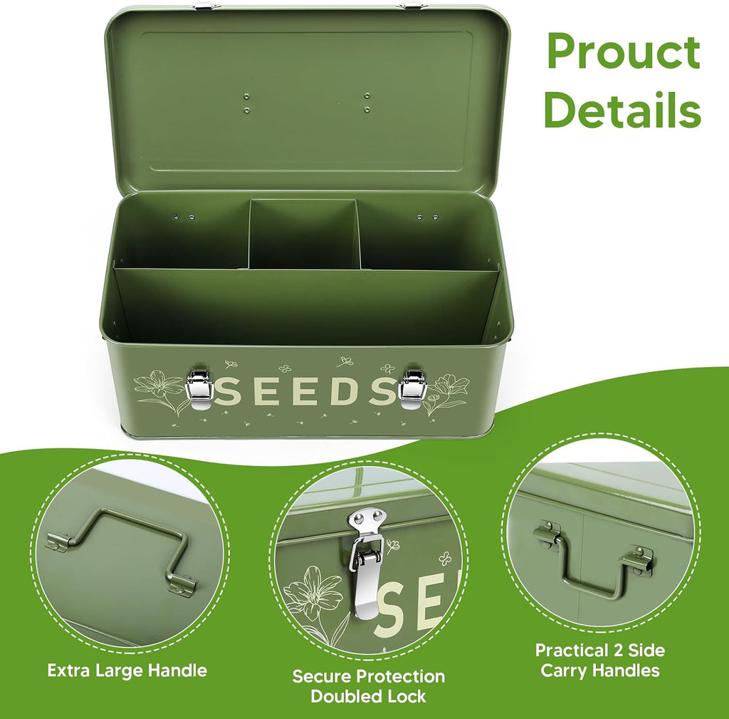 Seed Storage Organizer Box with 4 Compartments, Metal Seed Saving Container with Lockable Lid and Safety Locks