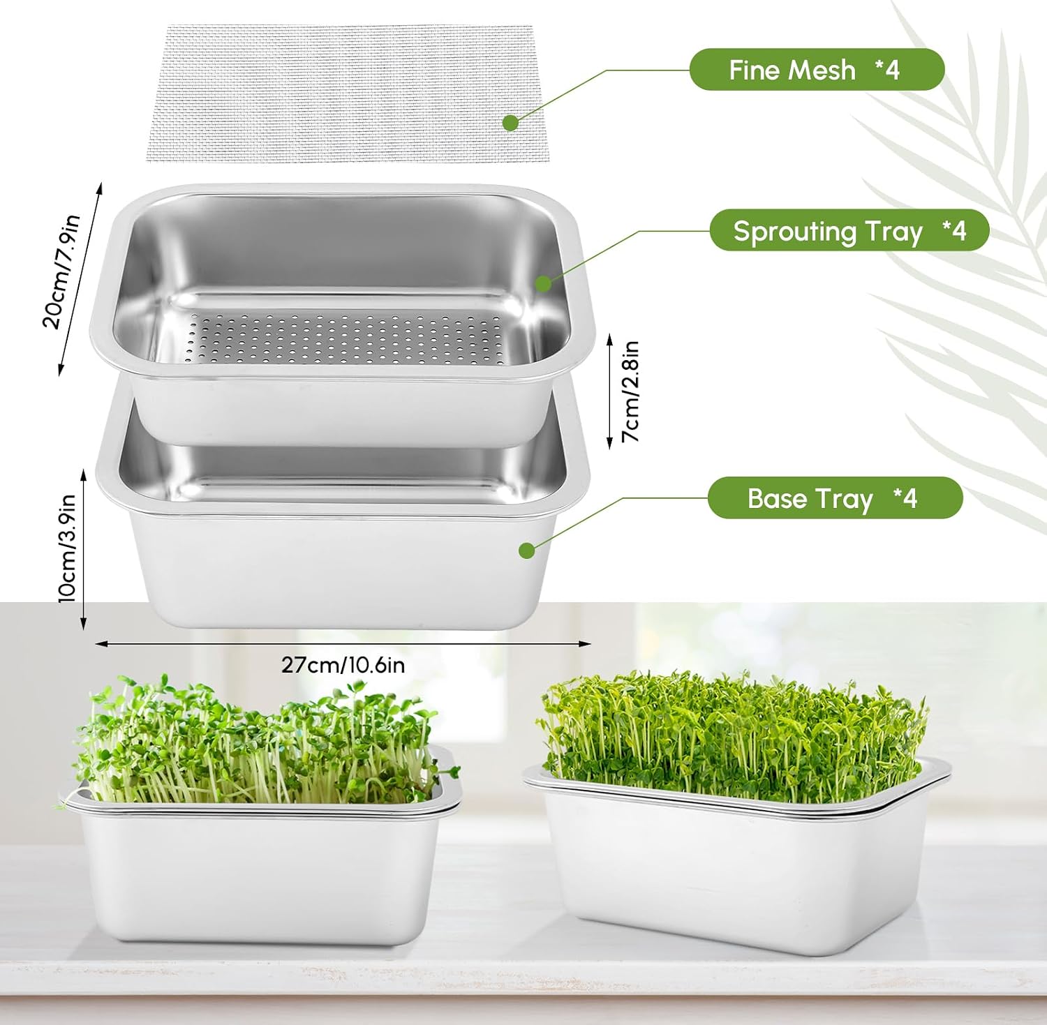 Vesici 4 Pack Sprouting Tray Kit, Stainless Steel Soil Free Cultivation Germination Tray, Wheatgrass Growing Container