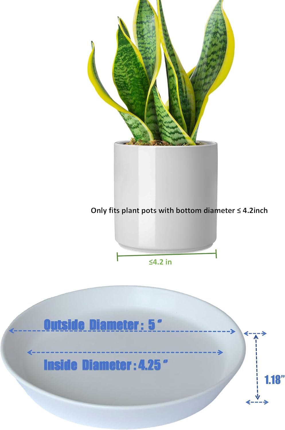 Ceramic Plant Saucer Tray 4 Pcs 4 5 Inch White, 5" OD x4.25 ID x1.18 Deep| Round Sturdy Heavy Duty Glazed Bevel Planter