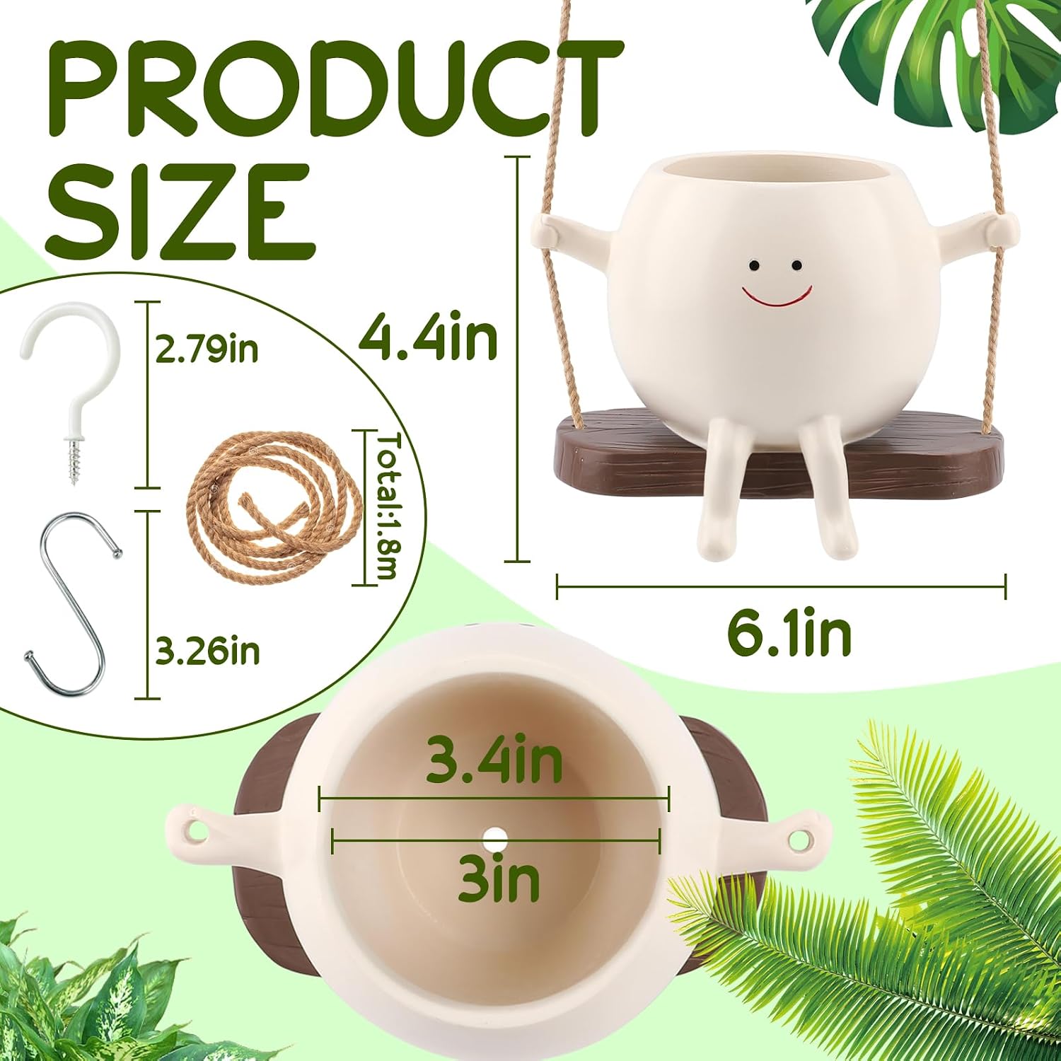 Large Glossy Swing Smiley Face Planter Pot Head, Hanging Planter for Indoor Outdoor Plants, Cute Hanging Flower Pot for