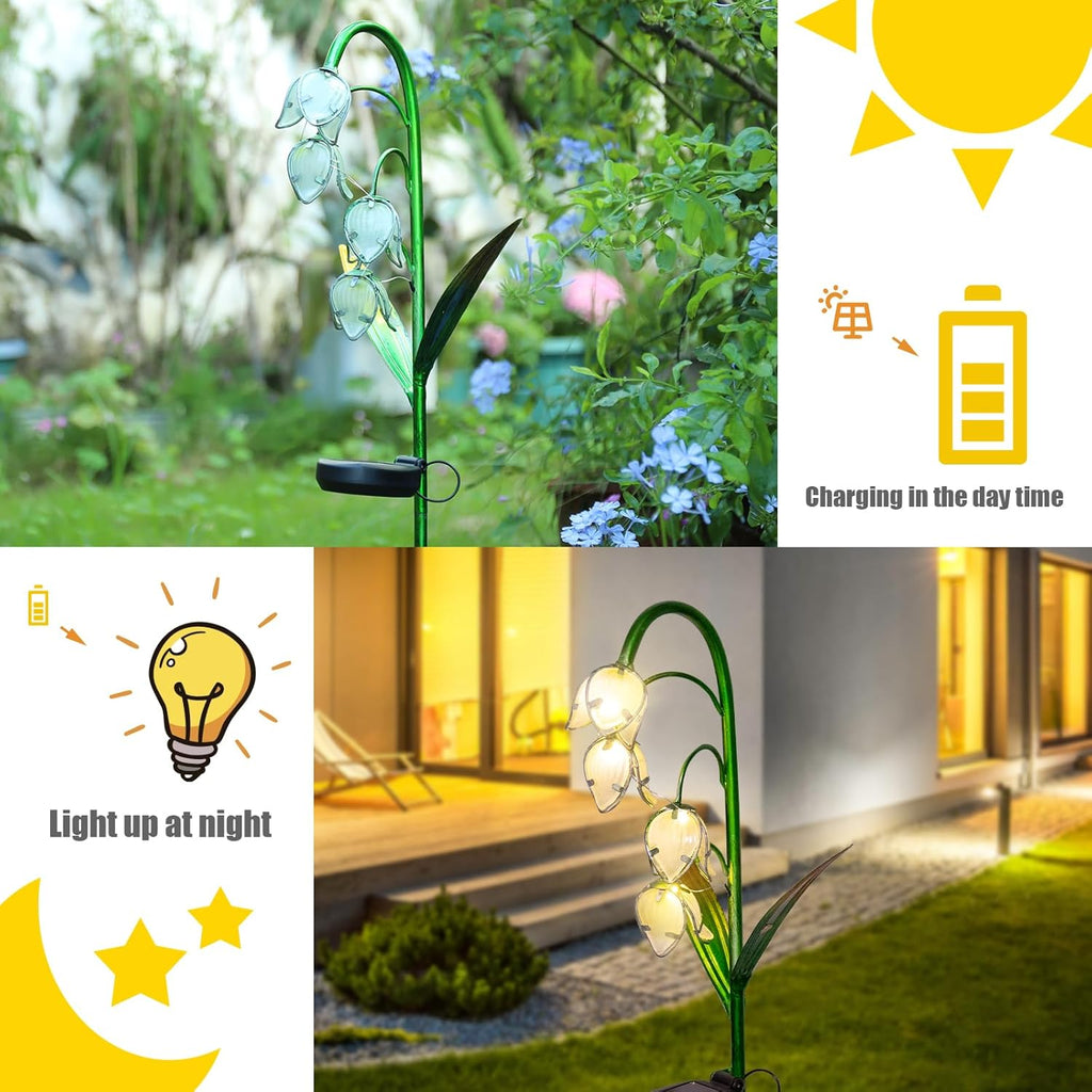 VCUTEKA Outdoor Solar Garden Light, Lily of the Valley Glass Flower Decor | Warm White Solar Stake Light, IP44