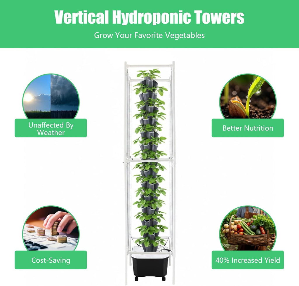 70 Holes Indoor Hydroponic Grow Tower with 8 LED Lights, 14 Layer Vertical Hydroponic Gardening Tower with Wheels