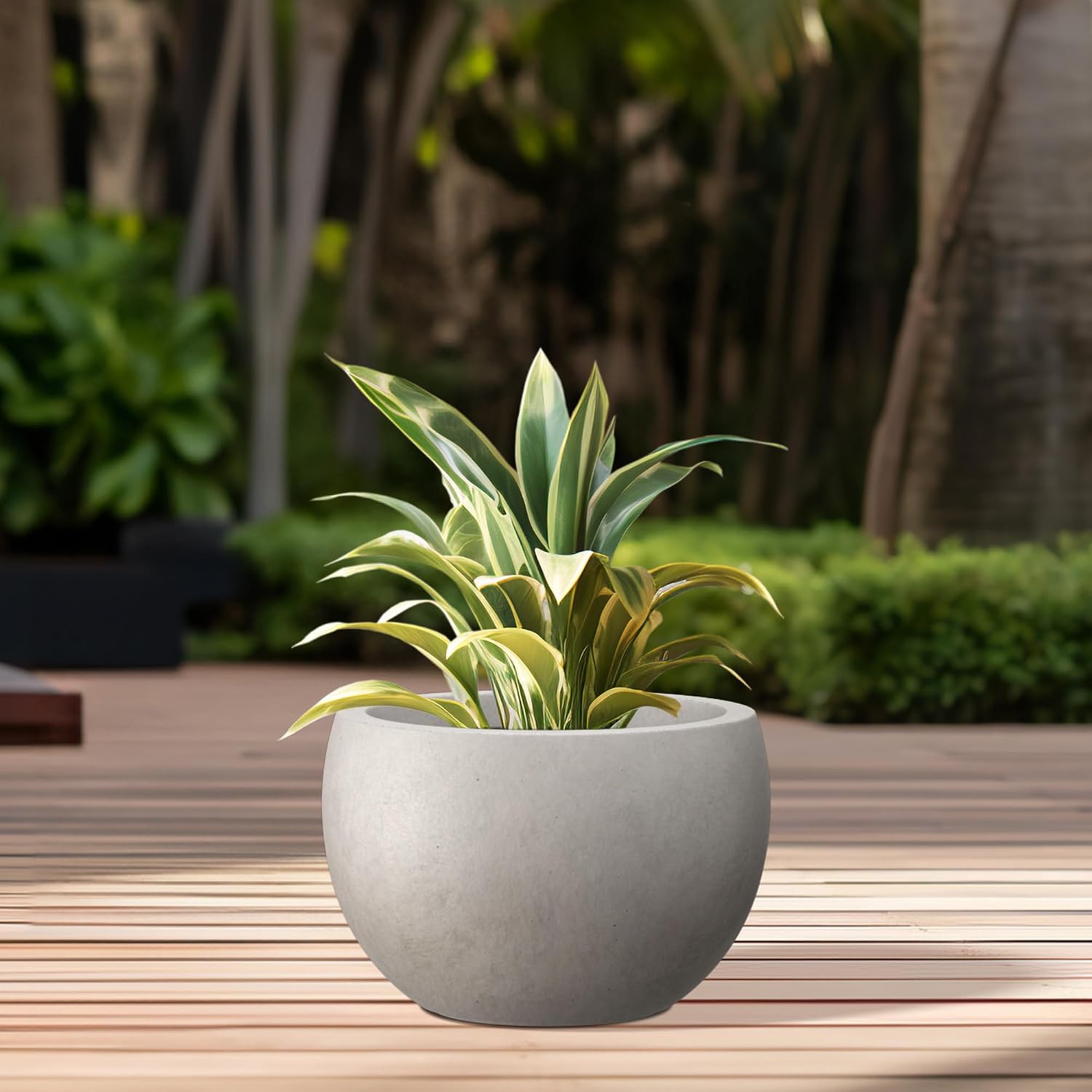 Kante Accent Round Bowl Weathered Concrete Planter 14.8" Dia, Outdoor | Rubber Plug for Indoor, Drainage for Garden