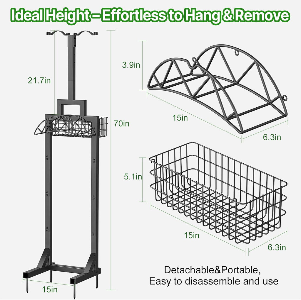 Garden Hose Holder, Water Hose Holders for Outside with Storage Basket & 2 Shepherds Hooks, Detachable Garden Hose