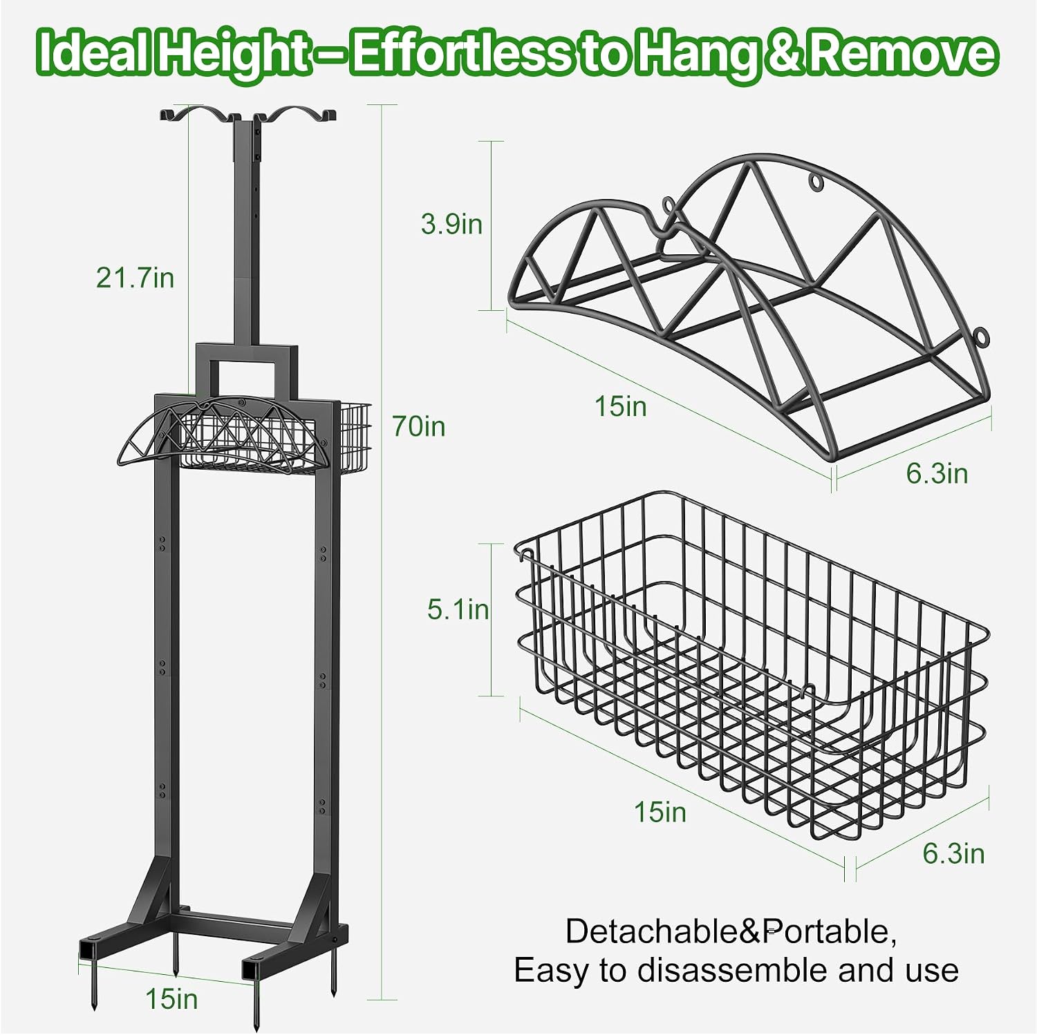 Garden Hose Holder, Water Hose Holders for Outside with Storage Basket & 2 Shepherds Hooks, Detachable Garden Hose