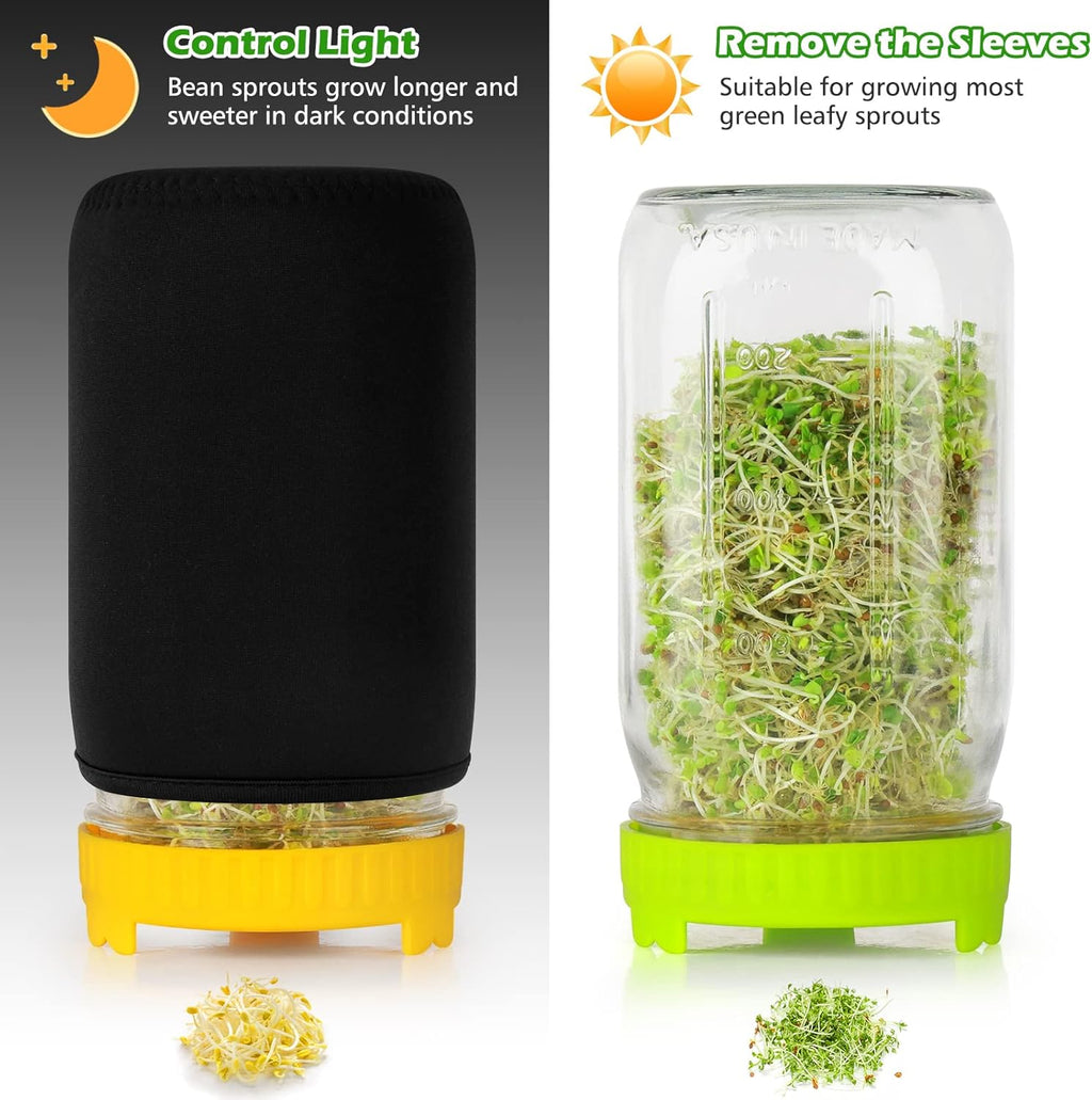 Kitmiido Seed Sprouting Kit, 2 Large Wide Mouth Mason Jars with Sprout Lids, Blackout Sleeves, Drain Tray, Stainless
