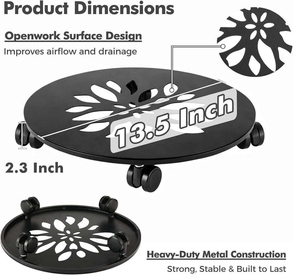 13.5 Inch Plant Caddy with Wheels, 3 Pack Rolling Plant Stand Rollers with Casters Metal Plant Dolly with Wheels Heavy
