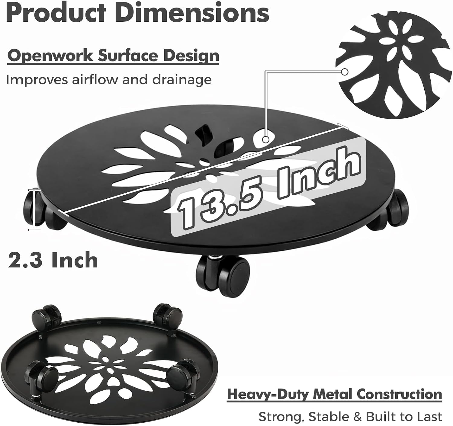 13.5 Inch Plant Caddy with Wheels, 3 Pack Rolling Plant Stand Rollers with Casters Metal Plant Dolly with Wheels Heavy