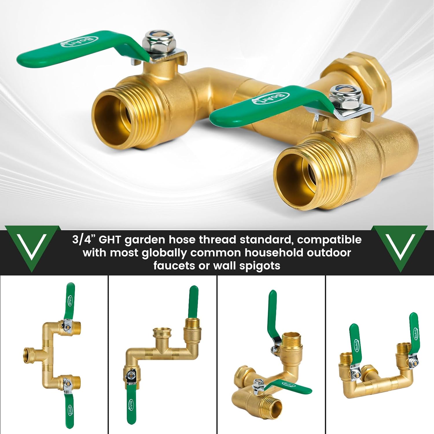 2 Way Heavy Duty Brass Garden Hose Splitter, 360° Rotatable Y Valve, Full Flow Large Ball Valve, Long Handle, Thickened