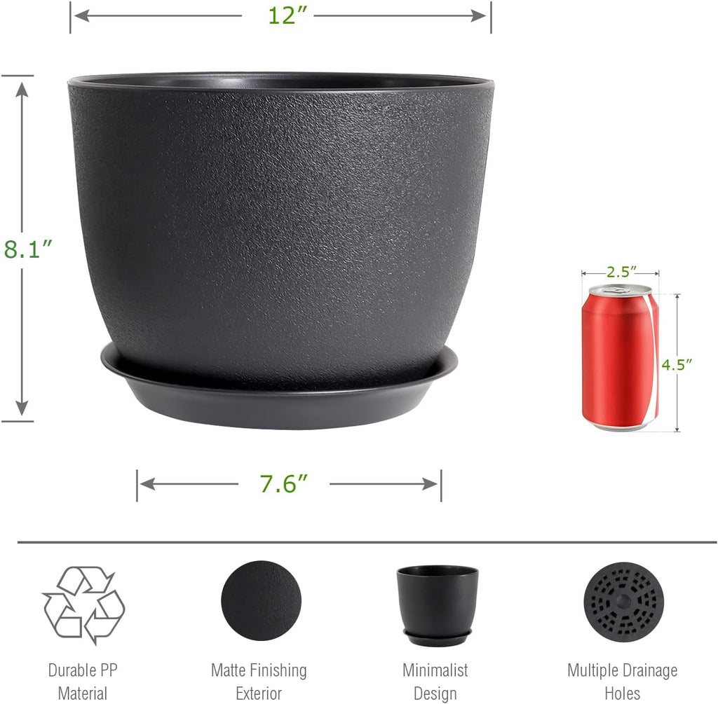 UOUZ 12inch Large Plant Pot, Modern Plastic Planter with High Driange Holes and Saucer for Indoor Outdoor Garden Plants