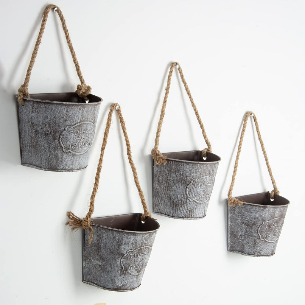 XONOR 4Pcs Galvanized Metal Hanging Wall Planter, Rustic Wall Flower Vase for Succulents Herbs Country Home Farmhouse