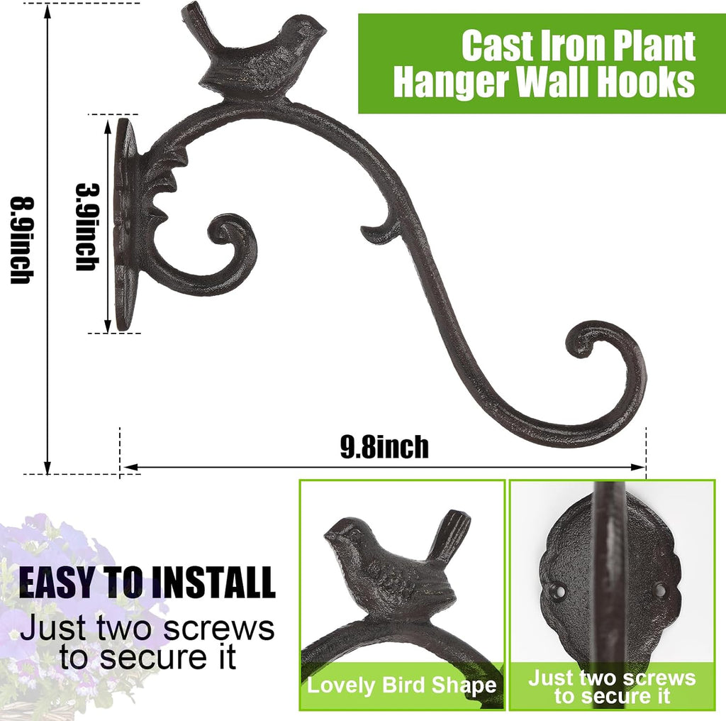 2 Pcs Cast Iron Plant Hangers Outdoor 10" Heavy Duty Hanging Basket Brackets Lovely Bird Shape Decorative Wall Hangers