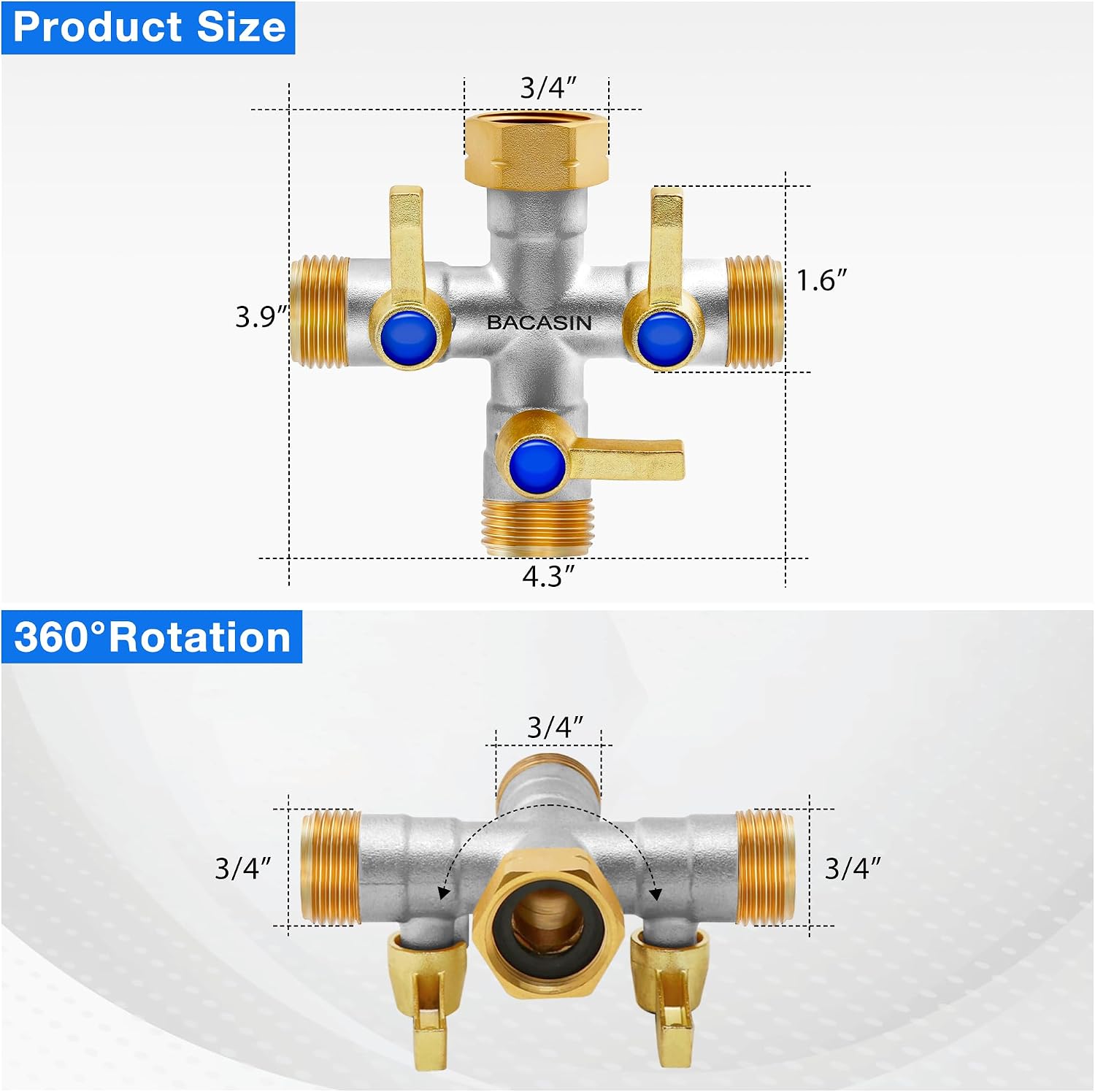 Brass Garden Hose Splitter, 3 Way Hose Splitter, Outdoor Hose Splitter, GHT 3/4 In, Female Inlet And 3 Way 3/4 In