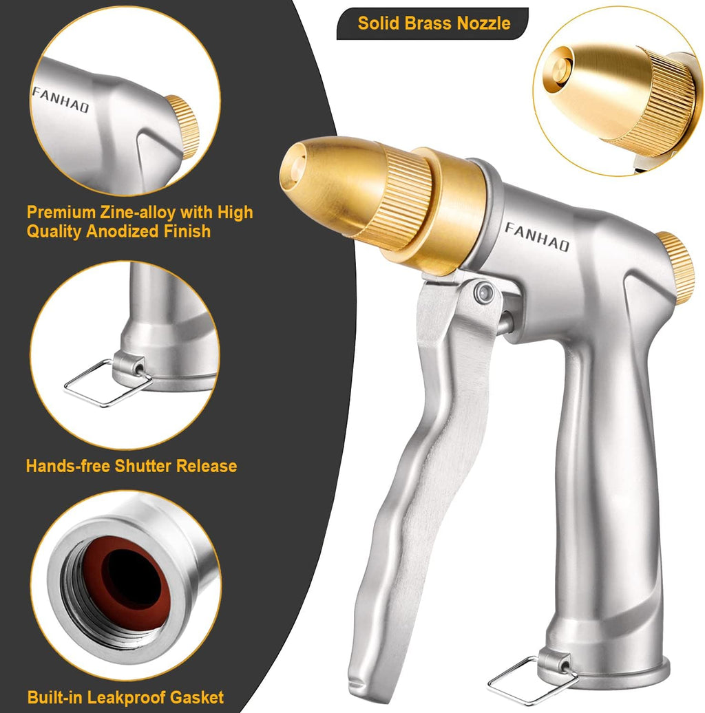 FANHAO 100% Metal Garden Hose Nozzle Heavy Duty, Leakproof, High Pressure | Rustproof Zinc Alloy, Hands-Free Lock