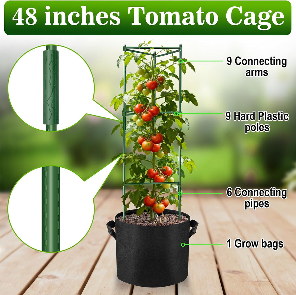 4 Pack 48 Inch Tomato Cages with 10 Gallon Grow Bags for Plant Support | Garden Trellis and Grow Bag Set for Tomatoes