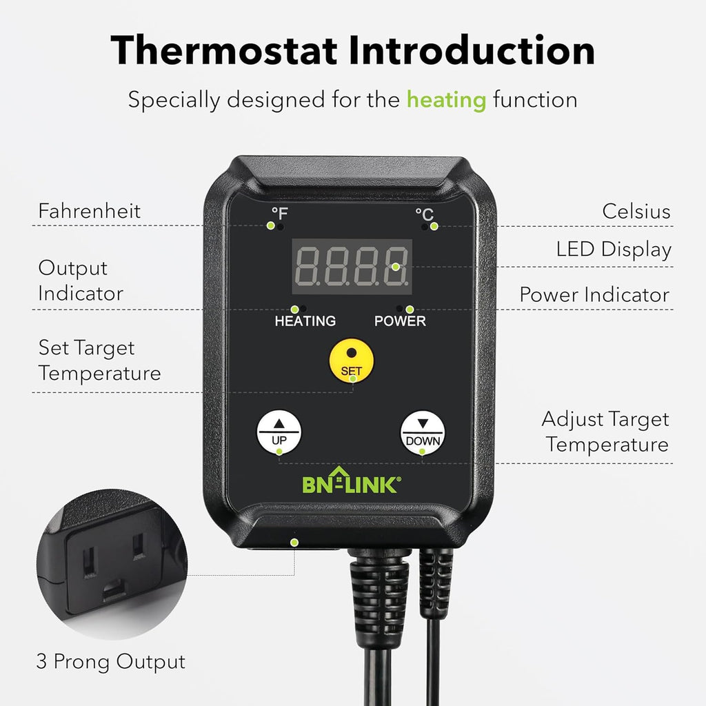 BN-LINK Reptile Thermostat Controller and Heat Mat for for Seed Germination, Reptiles and Brewing Breeding Incubation