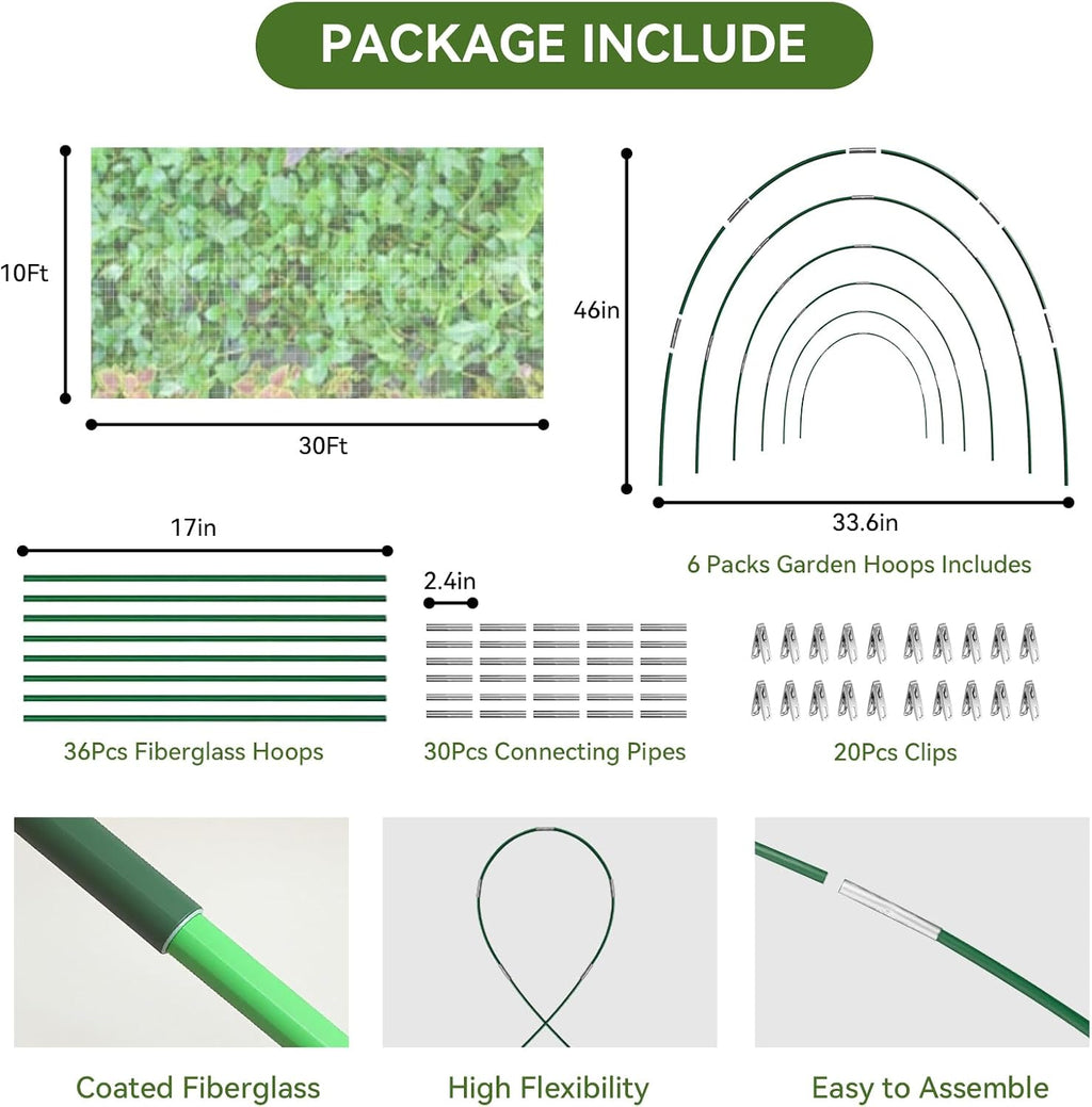 Garden Netting Kit for Raised Beds, 10x30FT Ultra Fine Mesh Netting＆ 6 Sets of 8FT Fiberglass Garden Hoops, Row Cover