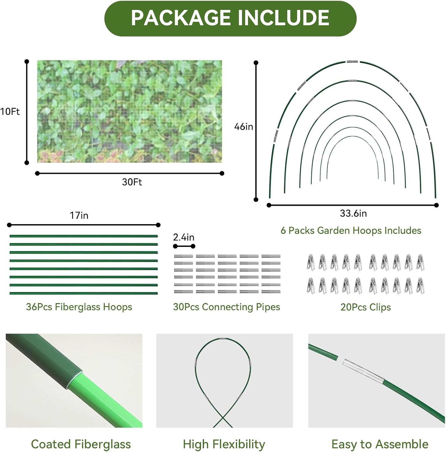 Garden Netting Kit for Raised Beds, 10x30FT Ultra Fine Mesh Netting＆ 6 Sets of 8FT Fiberglass Garden Hoops, Row Cover