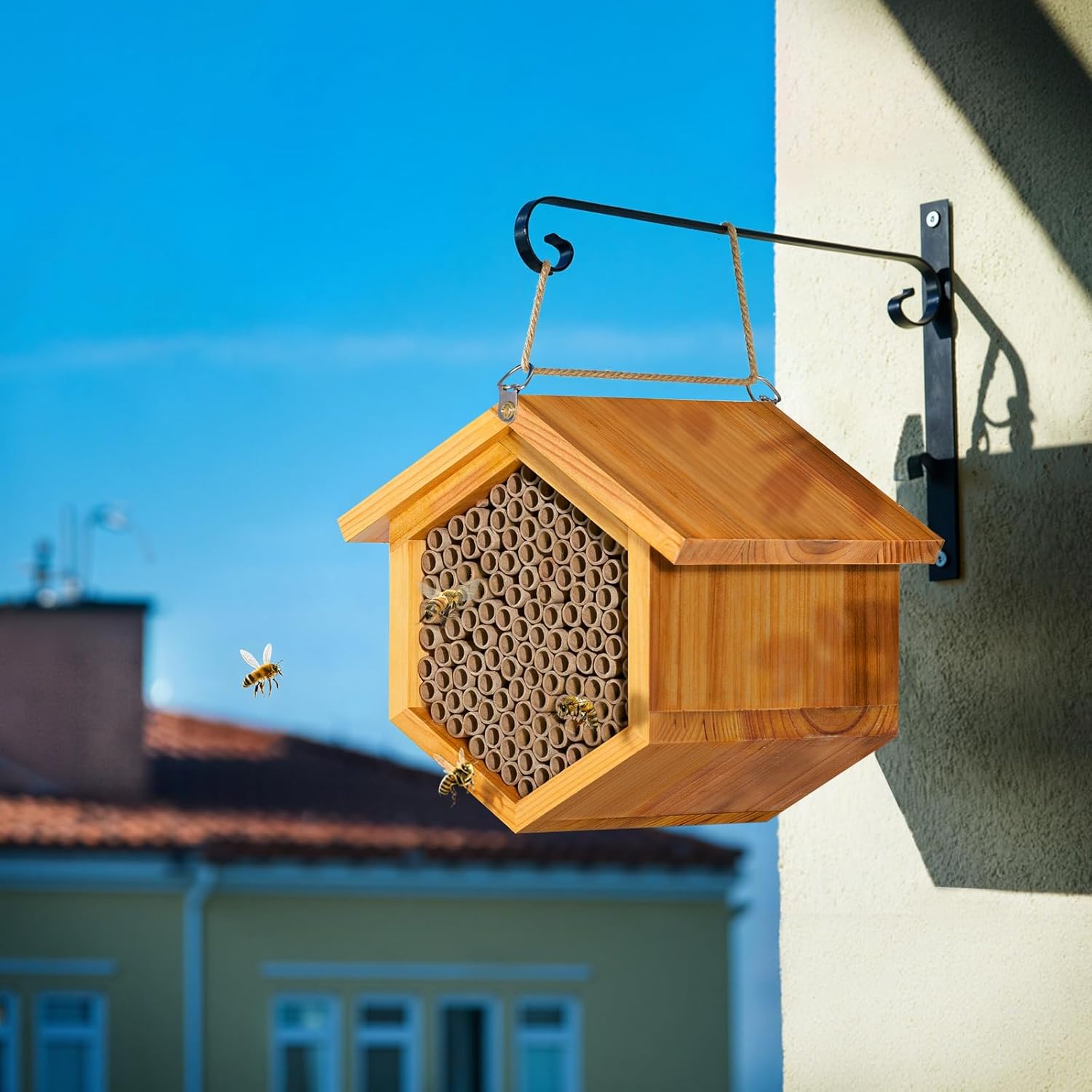 Mason Bee House Wax Coated Bee Hotel, Pollinator House,Natural Handmade Wooden Mason Bee Hotel for Pollinating Bees