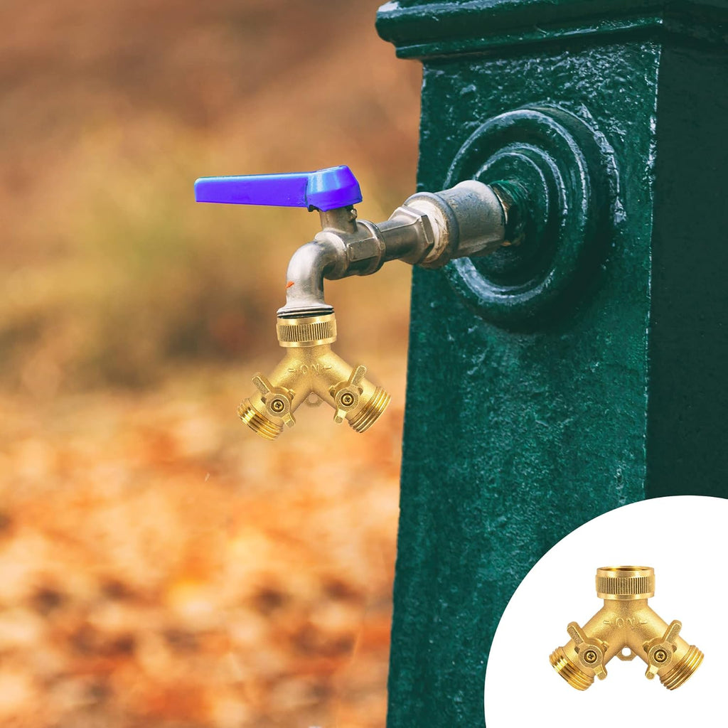 Hourleey Brass Garden Hose Splitter (2 Way), Solid Brass Hose Y Splitter 2 Valves with 2 Extra Rubber Washers (4 Pack)
