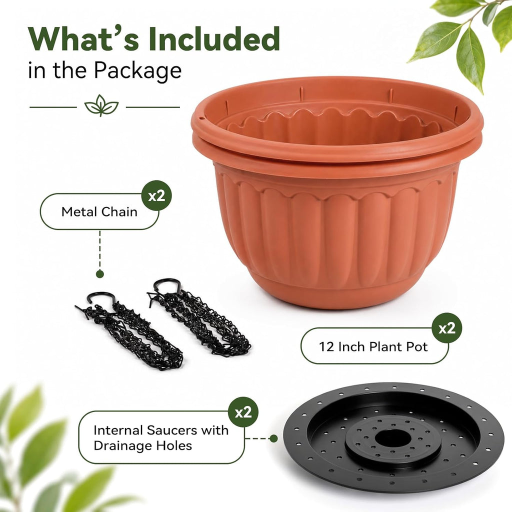 YIKUSH 12 Inch Hanging Planters for Outdoor Plants, 2 Pack Plastic Hanging Flower Pots with Drainage Hole & Tray