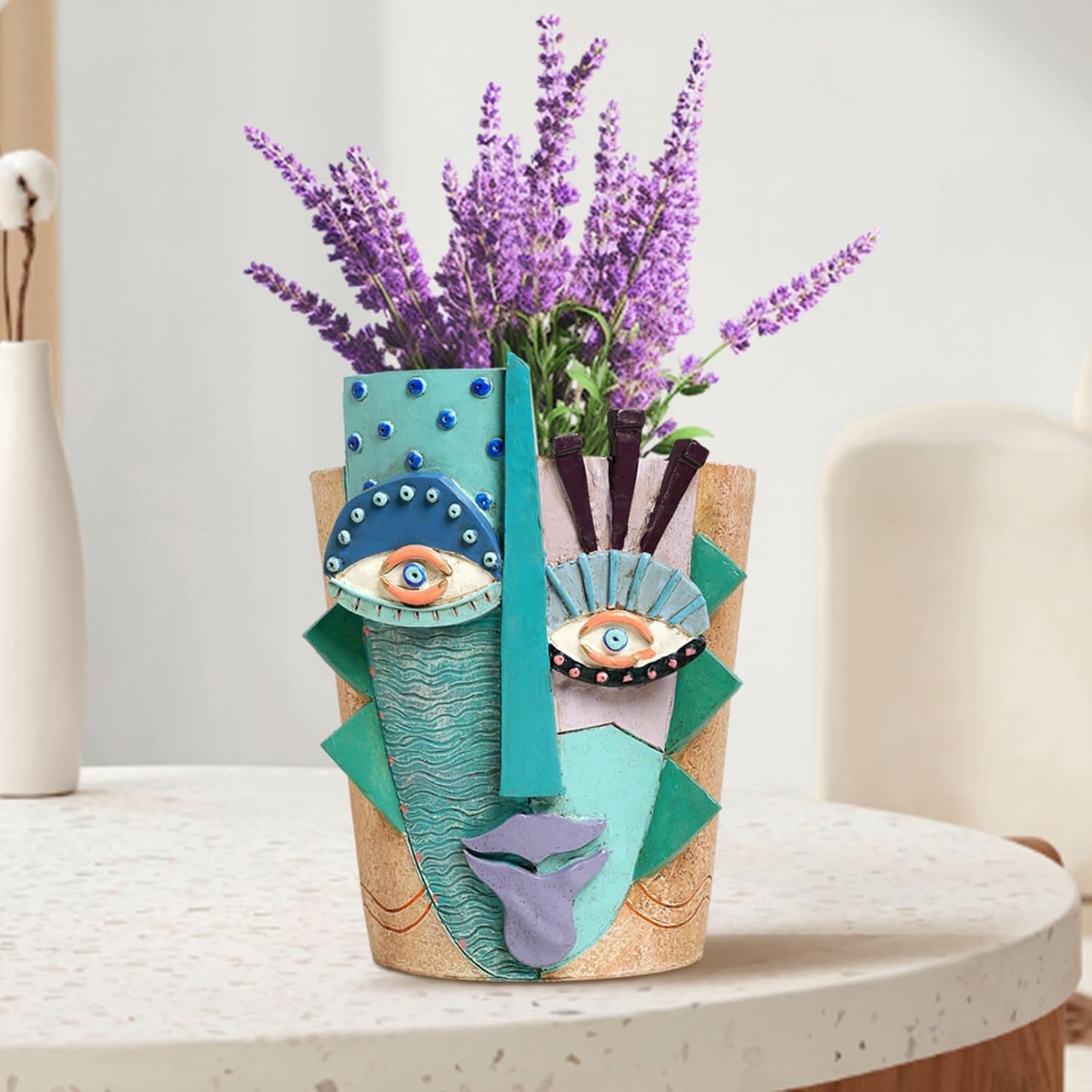 Picasso Abstract Face Planter Pot, Vase Style Flower Pot (Small) | Handcrafted Resin, Drainage Holes, Great for Indoor
