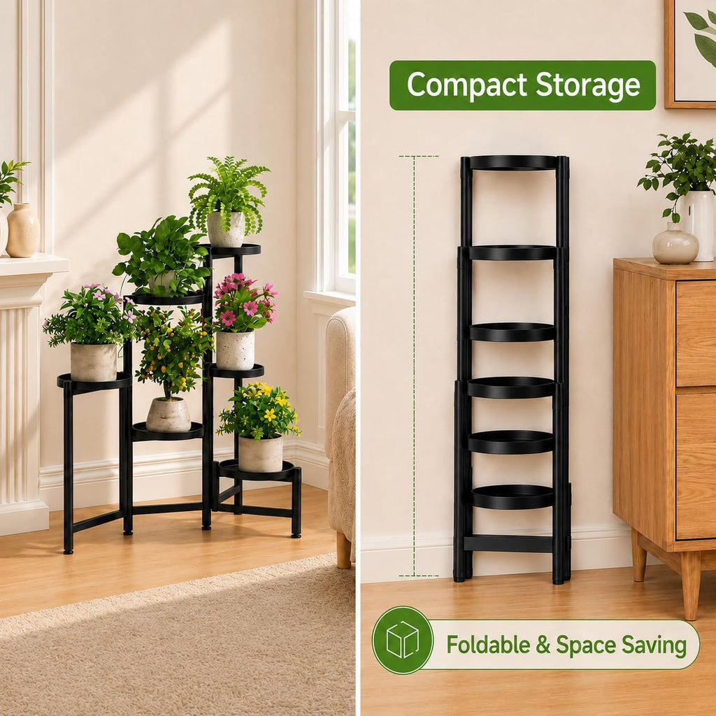 Plant Stand Indoor Outdoor, Gardening Tools& Plant Label, 6 Tier Folding Metal Plant Shelf, 6 Pot, 66LB, Corner Plant