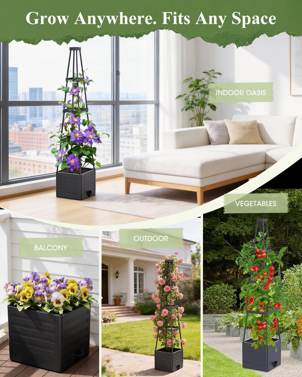 2-Pack Tomato Planter with Trellis, 57" Self-Watering Raised Garden Bed Planter Box, Tomato Cages for Indoor & Outdoor