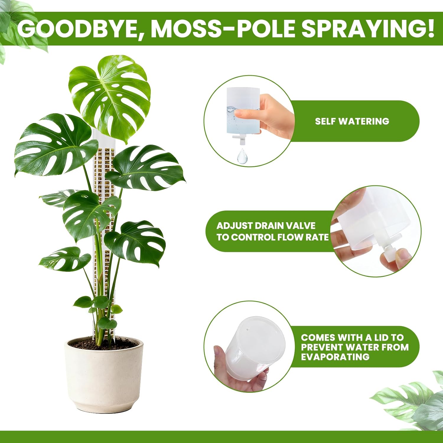 NZNDB Moss Pole Monstera Plant Support, 2Pack 17 in Self Watering Moss Pole | Stackable & Refillable Plastic Moss Poles