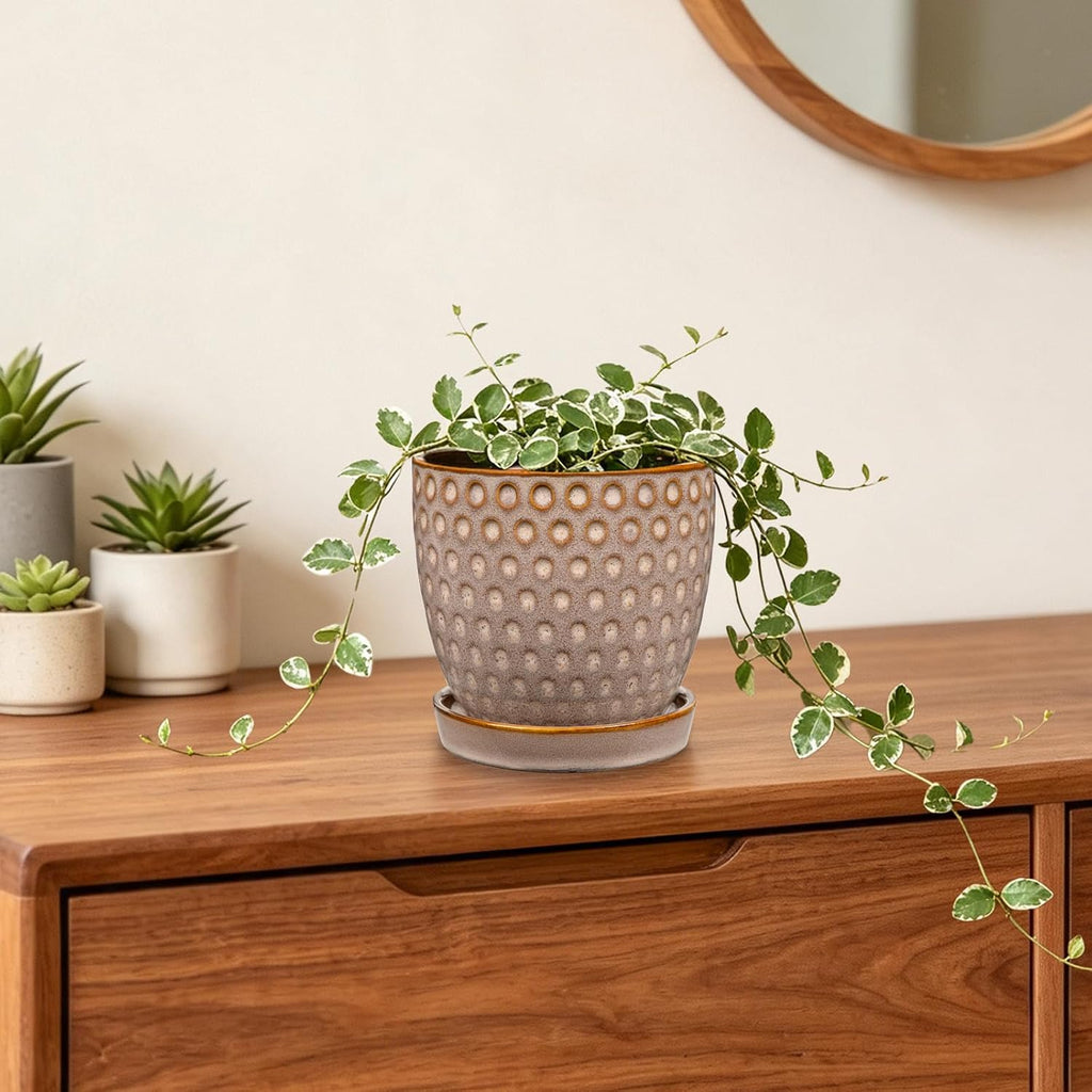 Ceramic Plant Pots with Drainage Holes and Saucers, Set of 3, 4.5 Inch | Stripe Texture Planter Pots for Outdoor Indoor