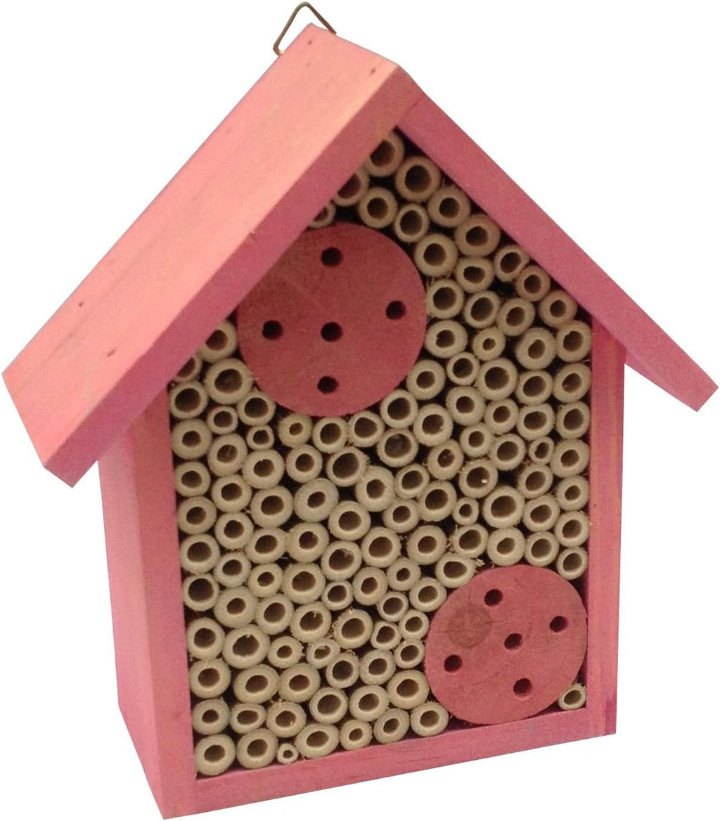 Cestari Mason Bee House Bamboo Tube Solitary Bee Hotel – 75 FSC‑Wood & Bamboo Tubes, 8 × 7.5 × 5 in, Rose Pink