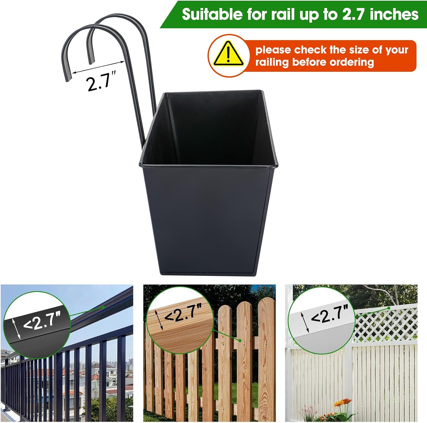 16“ Large Hanging Planters for Outdoor Plants, Railing Planter Box, 3 Pack | Balcony Planters with Detachable Wide