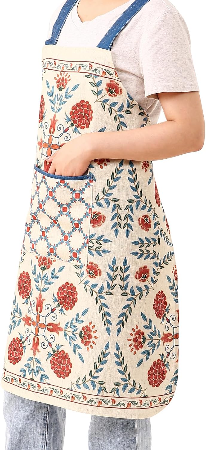 patdrea Blue Floral Linen Apron with Pocket,French Kitchen Garden Chef BBQ Aprons for Women and Men,Crisscross Back