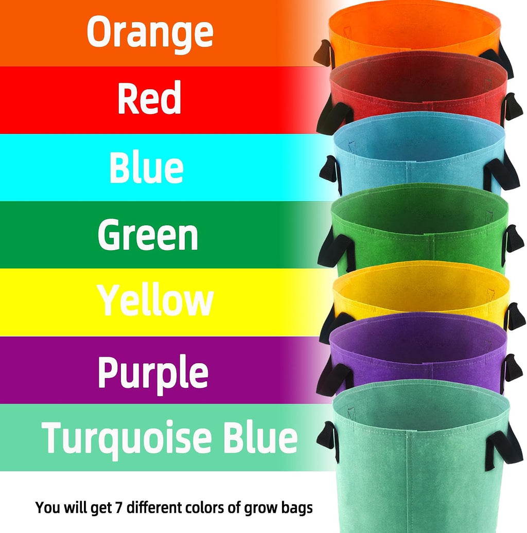 10-Gallon Fabric Grow Bag (7 Pack of Mix Colors) with Handles for Vegetable | Breathable Fabric, Sturdy Handles