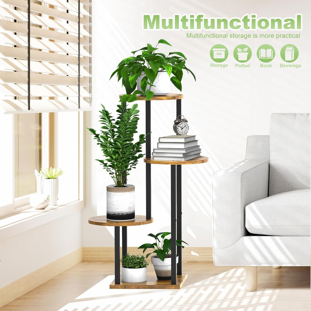 4 Tier Wood Tall Plant Stand Metal Rack Indoor, Multiple Flower Pot Holder Shelves Corner Rack, Round Planter Shelf
