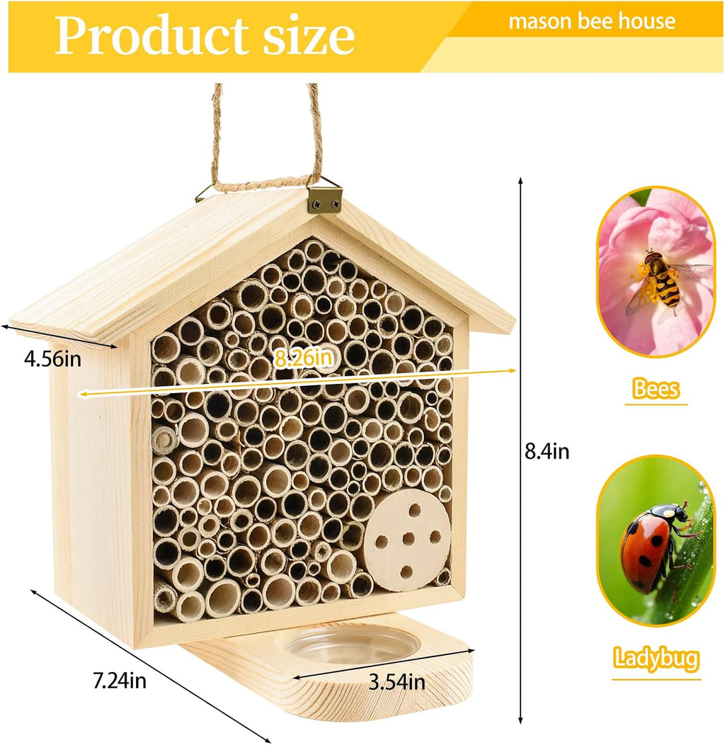 Mason Bee House with Feeding Trays, Natural Pine Wood Hanging Bee Hive | Insect Hotel for Garden Backyard, Outdoor