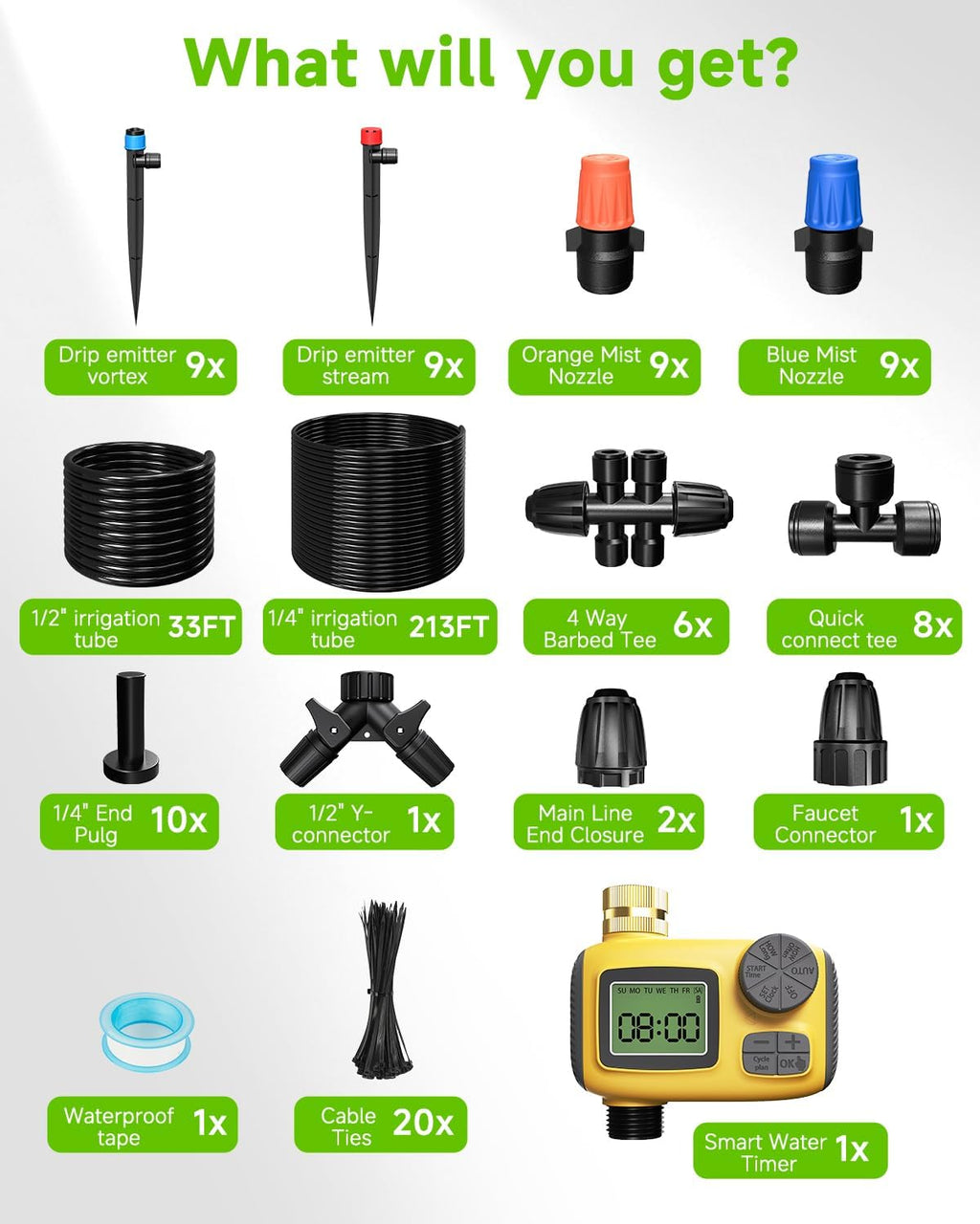 246FT Drip Irrigation System with LCD Timer, Automatic Watering System Kits,1/2 Inch Hose 1/4 Inch Distribution Tubing