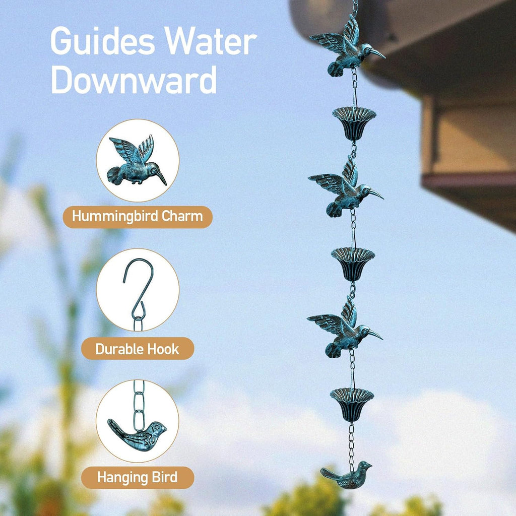 Rain Chain for Gutters,8.5FT Rain Catcher Chain for Outside with 7 Metal Cups & Hummingbird Decor,Adjustable Hanging