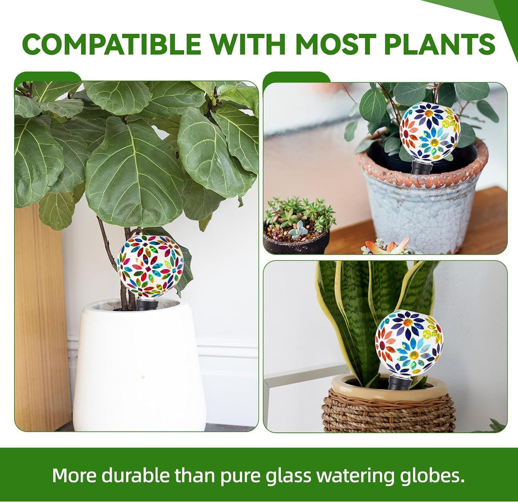 VOREEN Mosaic Glass Plant Watering Globes 2 Pack 500ml with Terracotta Spikes, Handmade Self-Watering Stakes for
